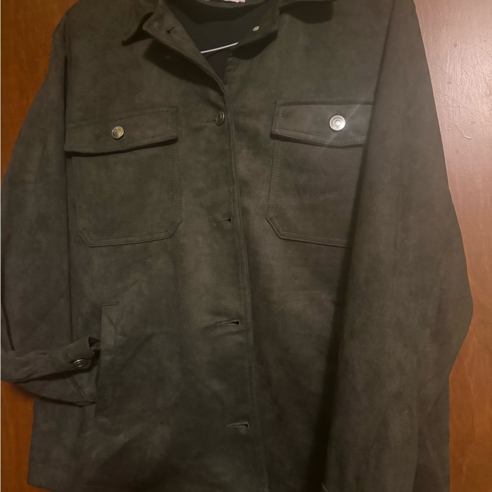 Green Lightweight Shirt Jacket. Silver buttons on sleeves and chest pockets. New